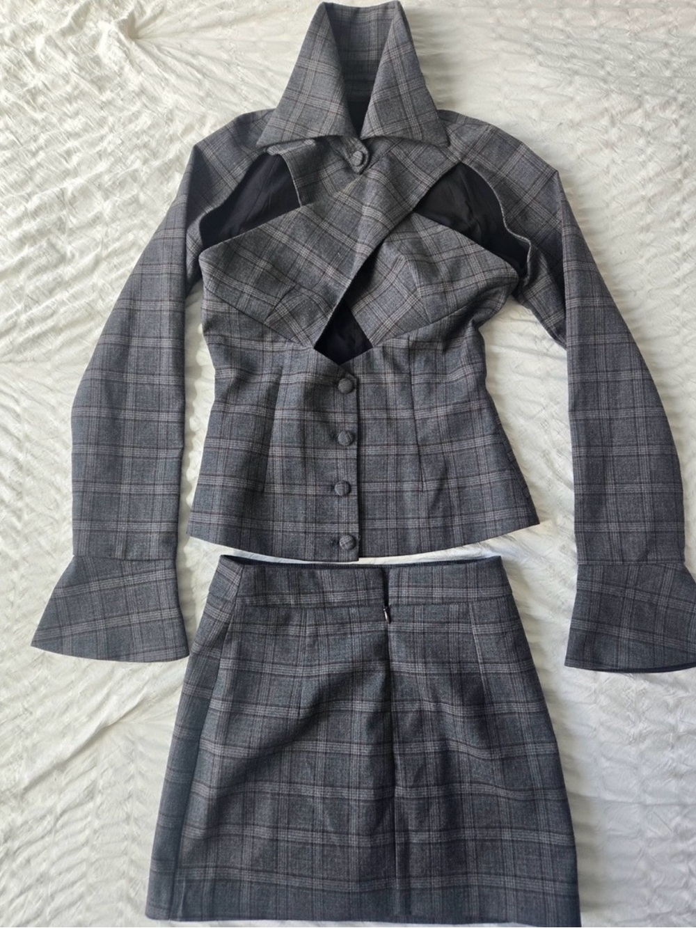 Gray Plaid Cutout Mini Skirt Set